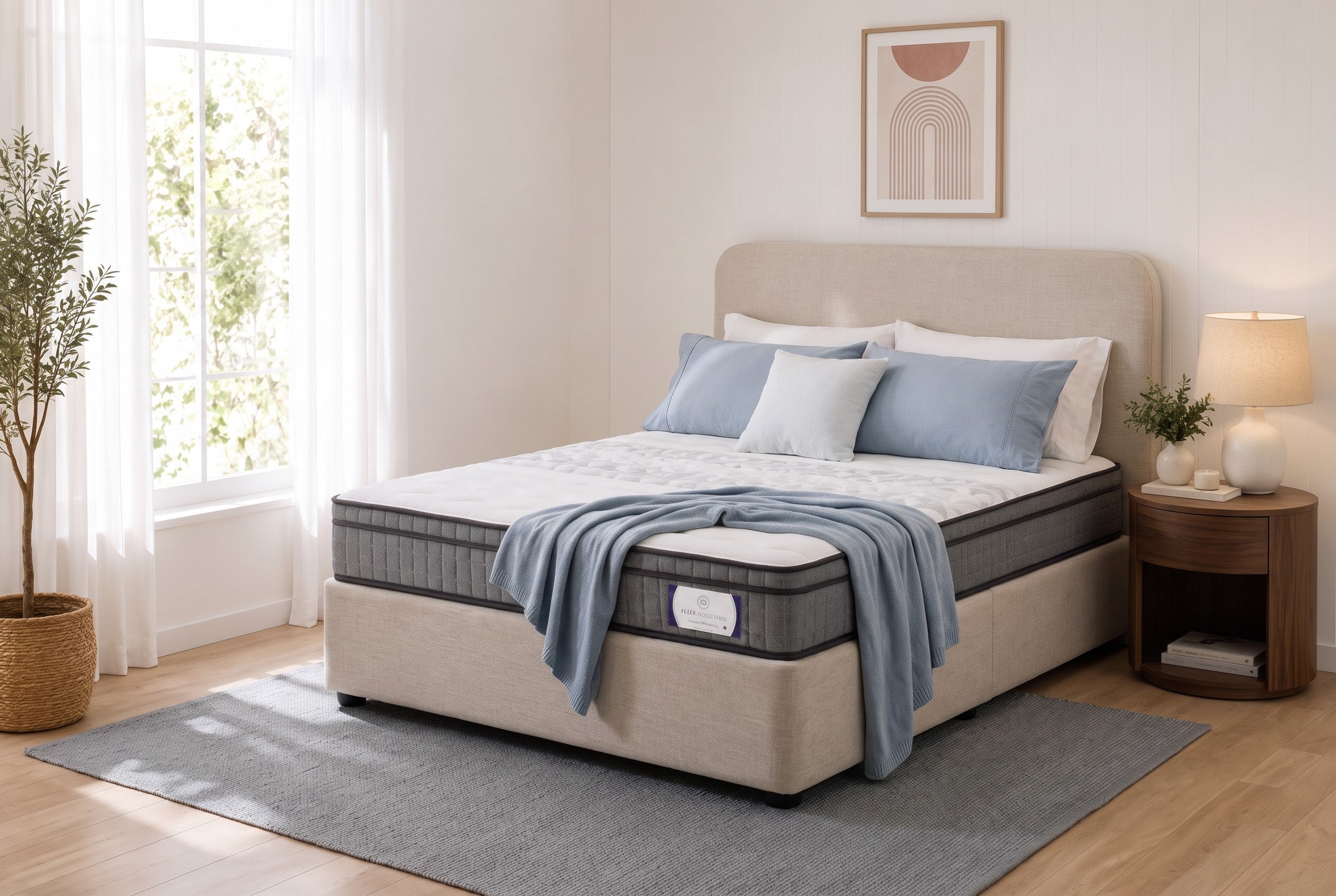 Sleep Revolution Studio Ortho Plush mattress on a beige fabric bed base in a light bedroom