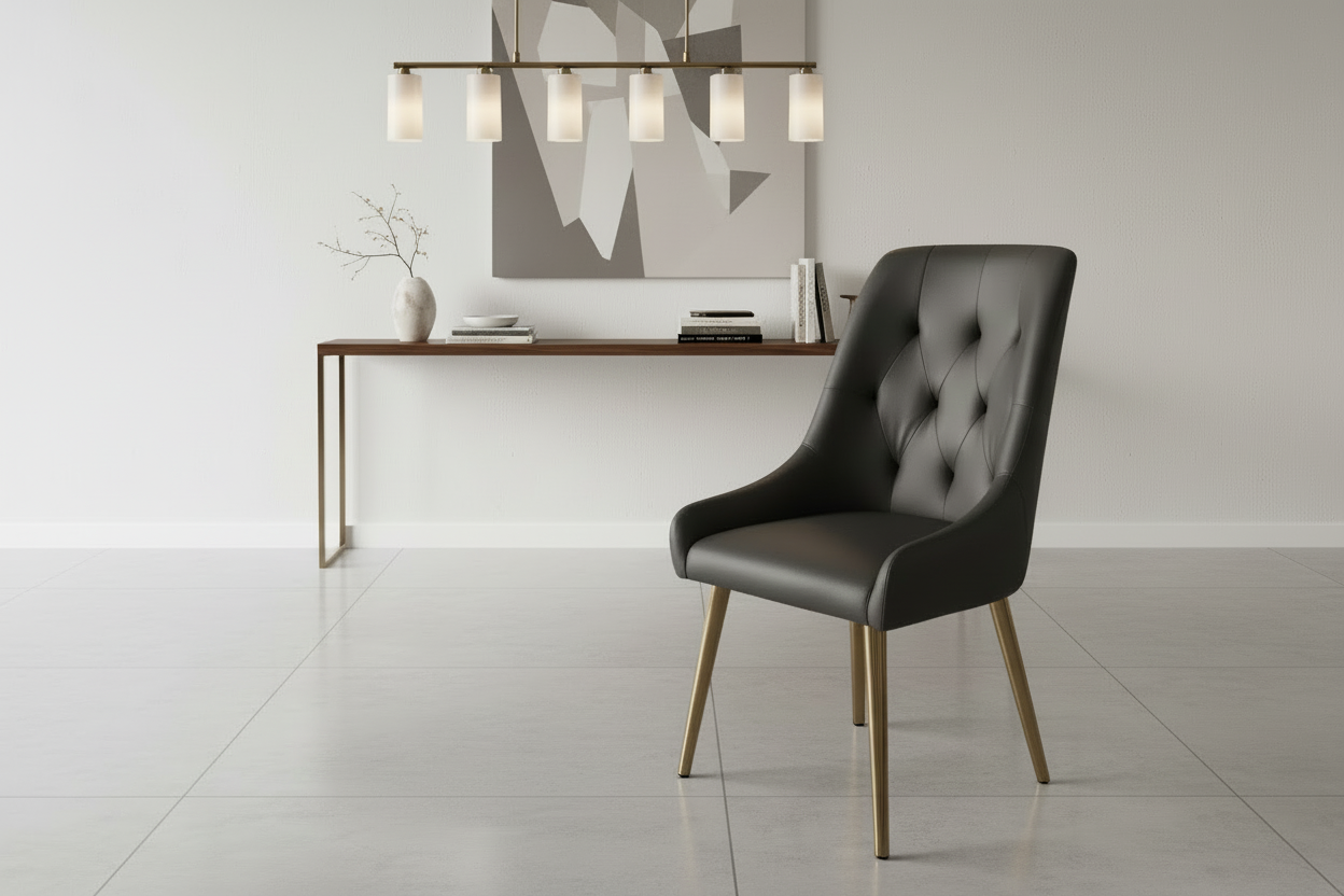 Modern black chair with gold legs in a minimalistic room.
