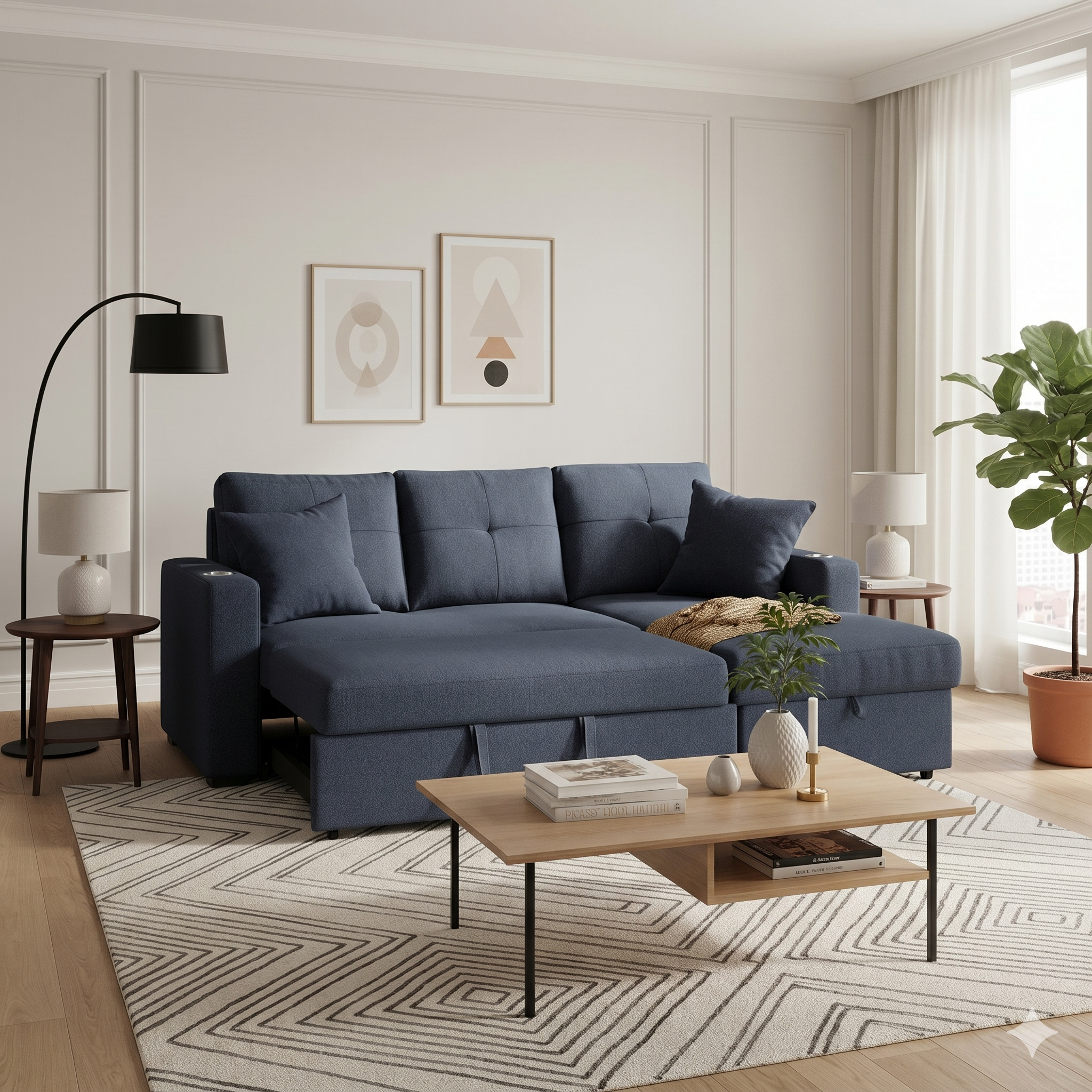 Modern living room with a blue sectional sofa, wooden coffee table, and decorative items.