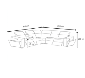 Sandgate Electric Corner Recliner Lounge dimension diagram showing 310 cm and 280 cm leg lengths, 45 cm seat height and 100 cm overall height