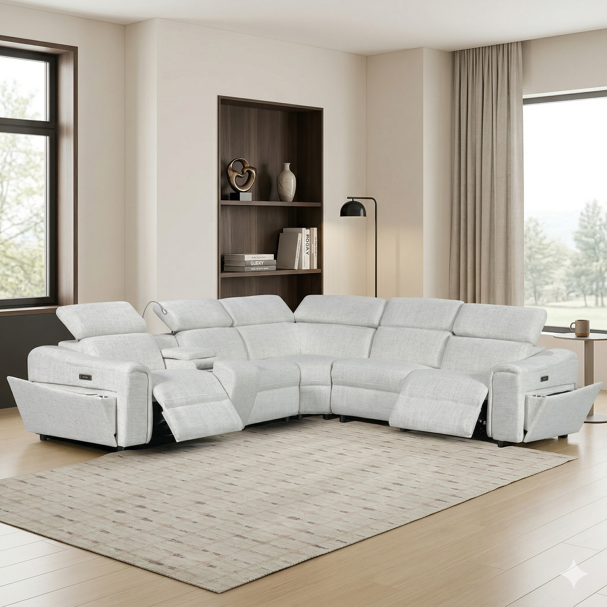Beige sectional sofa in a living room with a bookshelf and large windows.