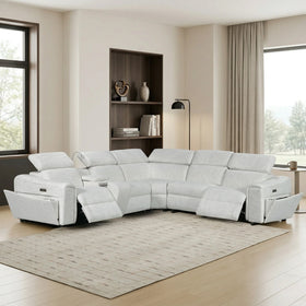 Sandgate Electric Corner Recliner Lounge in light gray fabric with adjustable headrests and footrests, styled in a modern living room with natural light and neutral decor.
