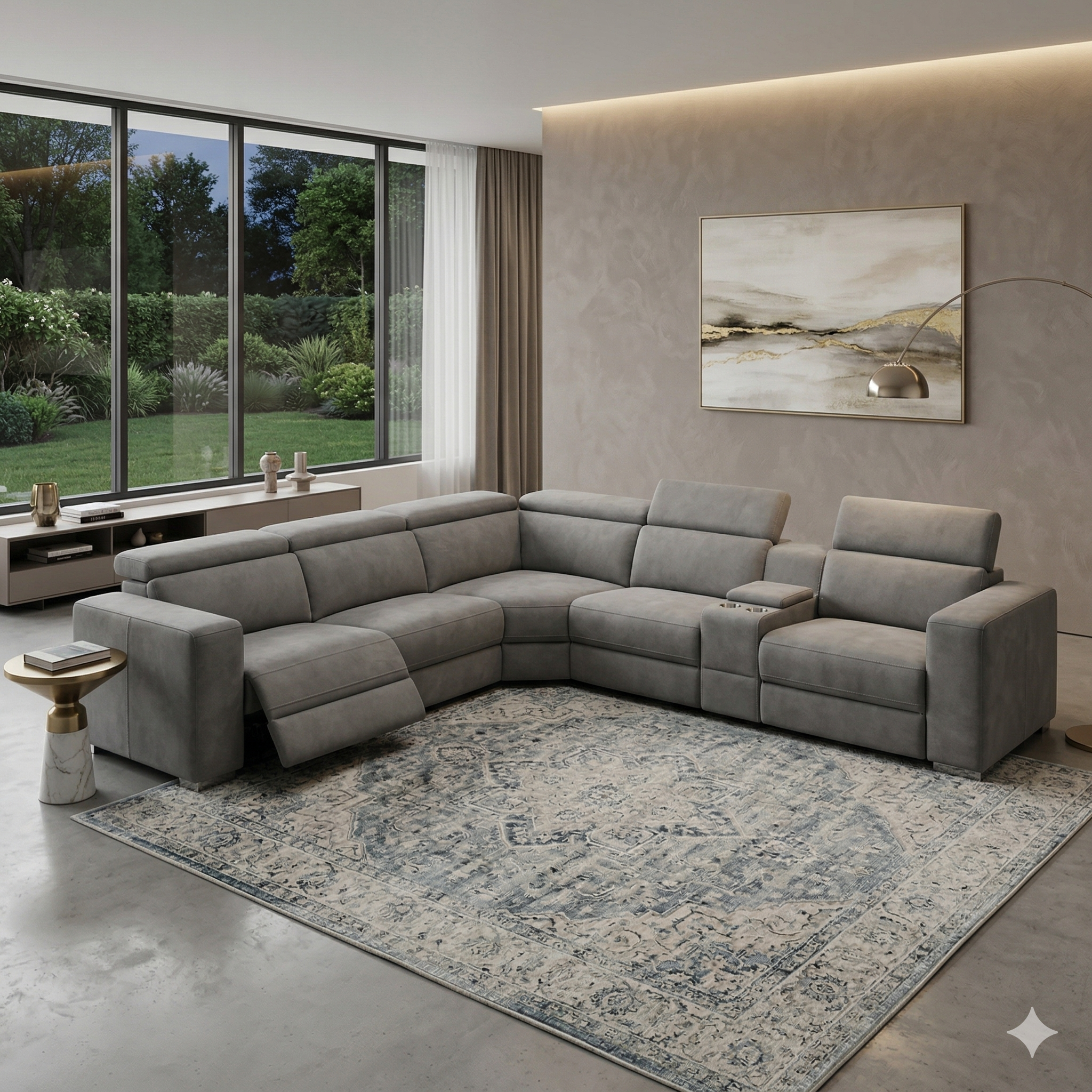 Gray sectional sofa in a modern living room with large windows and a painting on the wall.