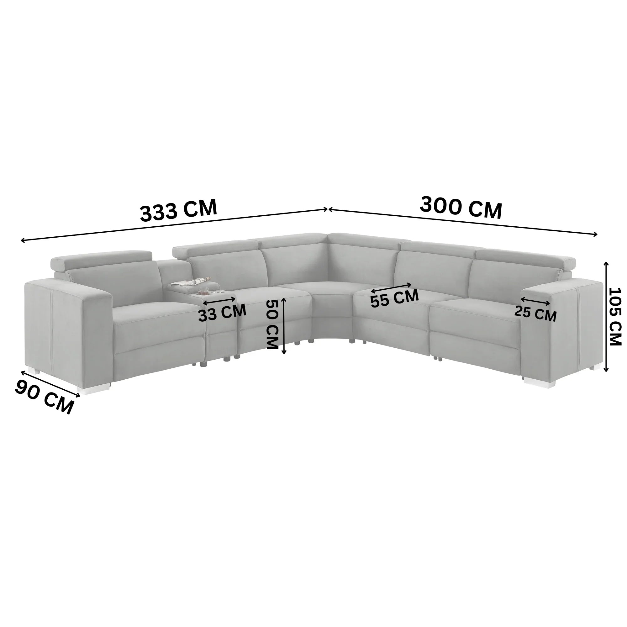 Gray sectional sofa with dimensions marked on a white background