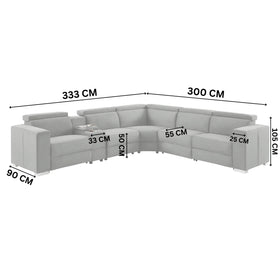 Gray sectional sofa with dimensions marked on a white background