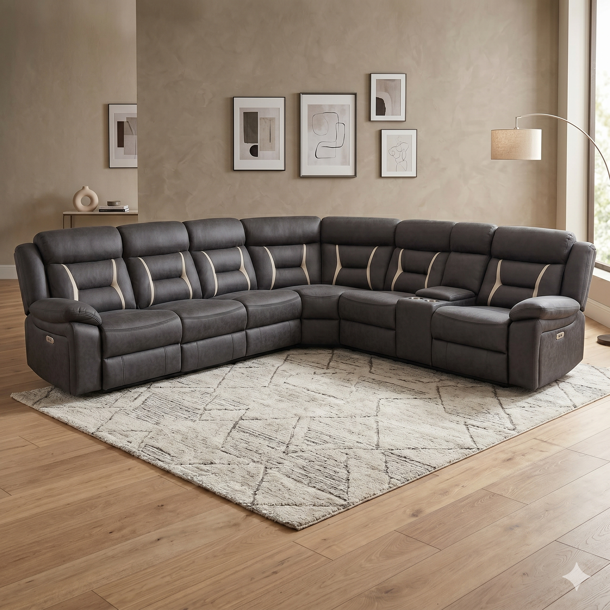 Gray corner sofa with recliners in a living room with framed art on the wall.