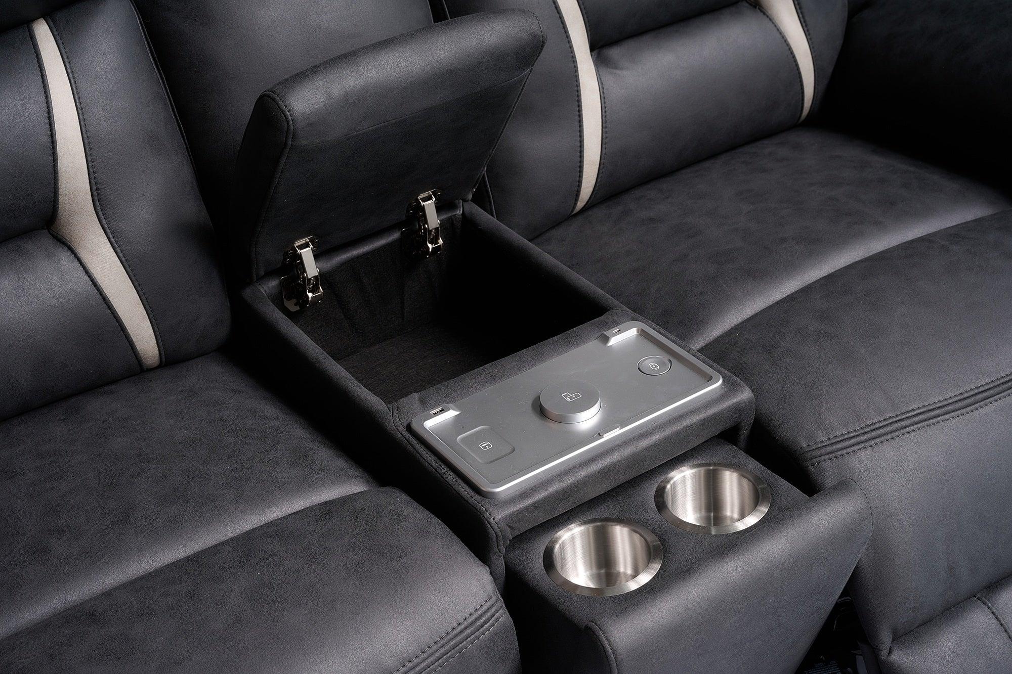 Black reclining sofa with built-in cup holders, storage console, and control panel