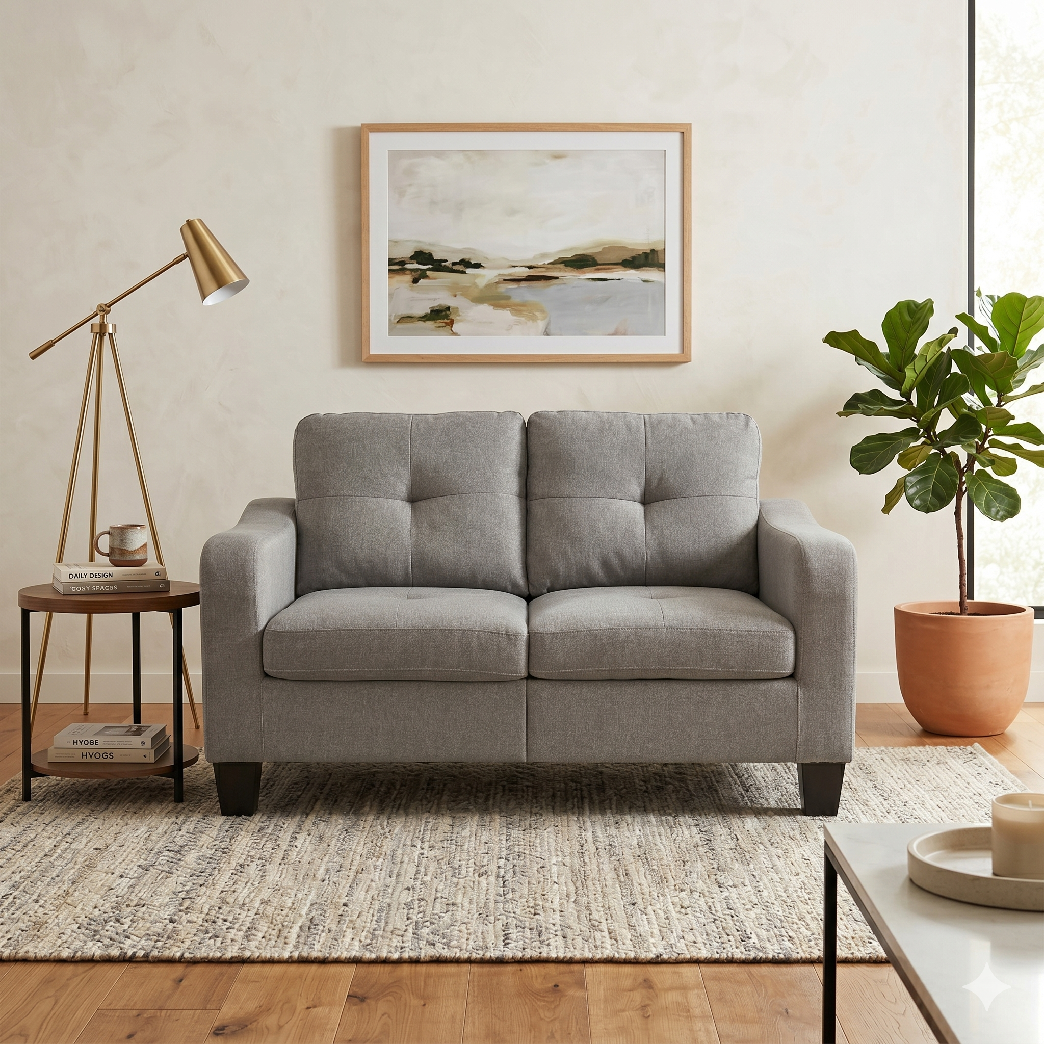 Gray sofa in a living room with a lamp, plant, and artwork on the wall.