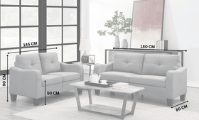 Light grey sofa set in living room with dimensions 145x90x50 cm and 180x80 cm displayed