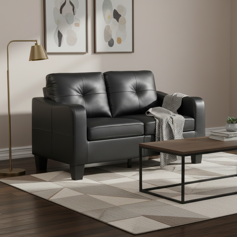 Modern living room with black leather sofa, wooden coffee table, and abstract art on the wall.