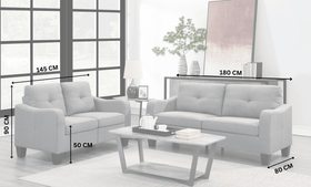 Grey sofa set with dimensions, modern living room furniture, couch measurements labeled