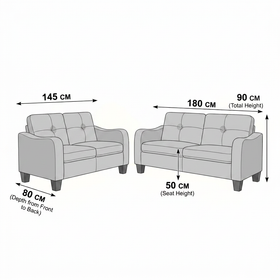 Savannah 3 & 2 Seater Fabric Sofa Set dimensions diagram - 3 Seater 180cm long, 2 Seater 145cm long, both 80cm deep, 50cm seat height, 90cm total height - The A2Z Furniture
