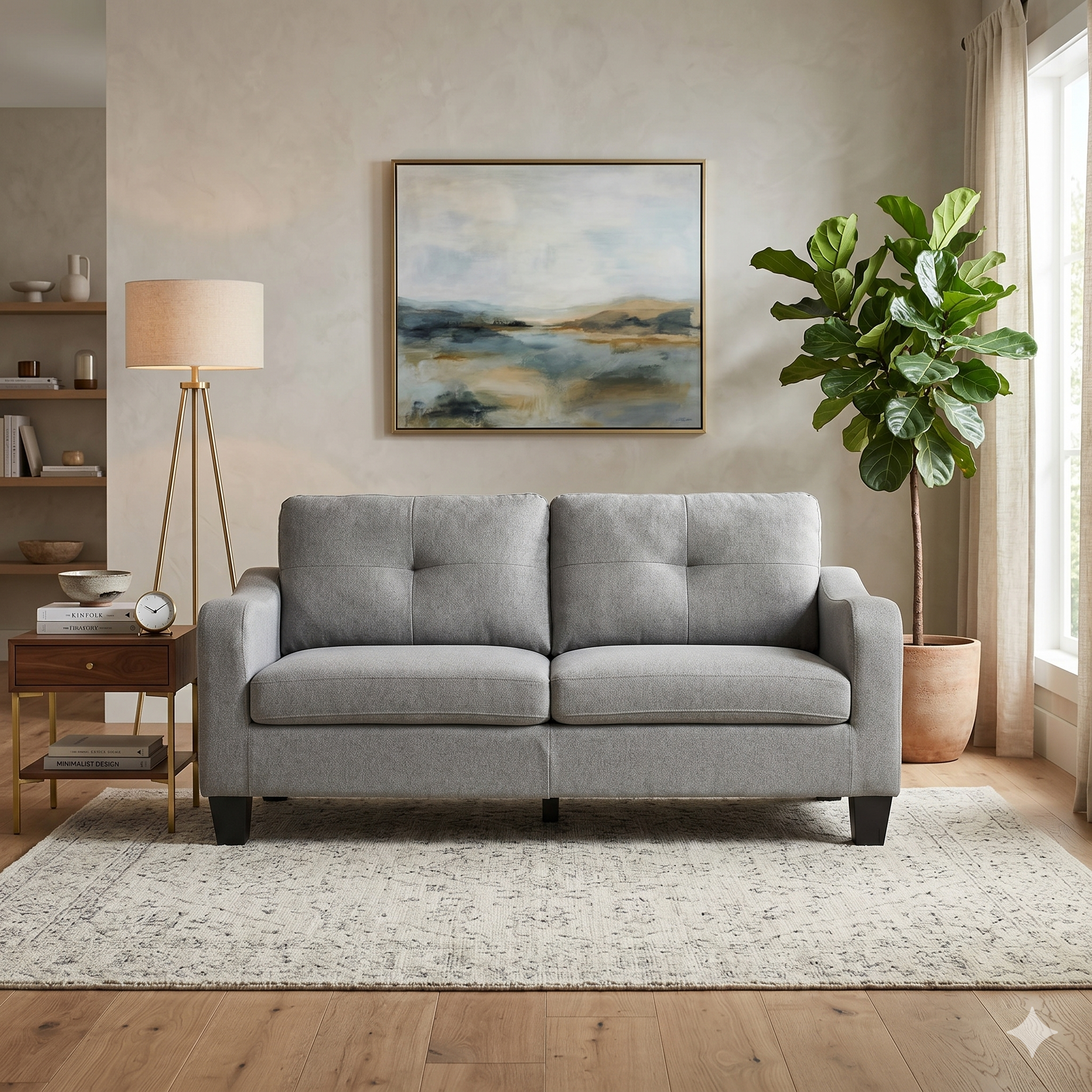 Gray sofa in a living room with a painting, lamp, and plant.