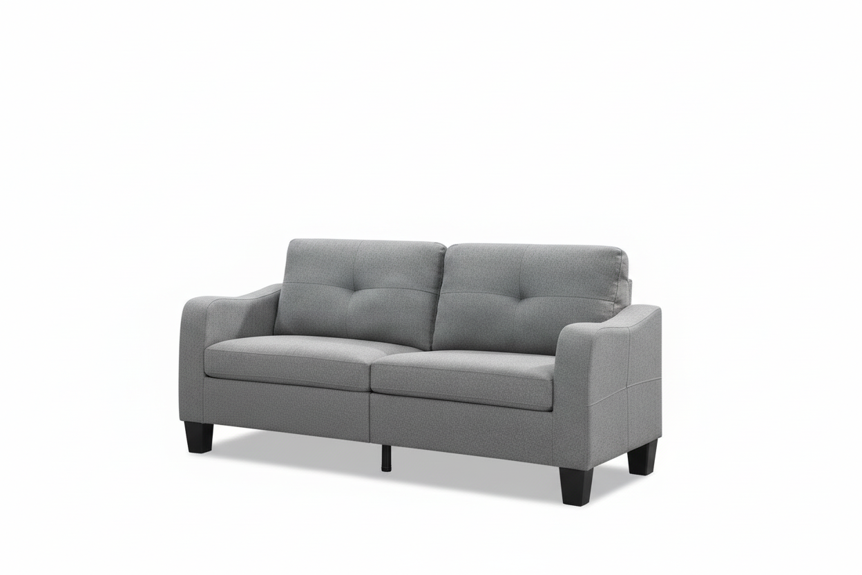 Grey sofa with black legs on a white background