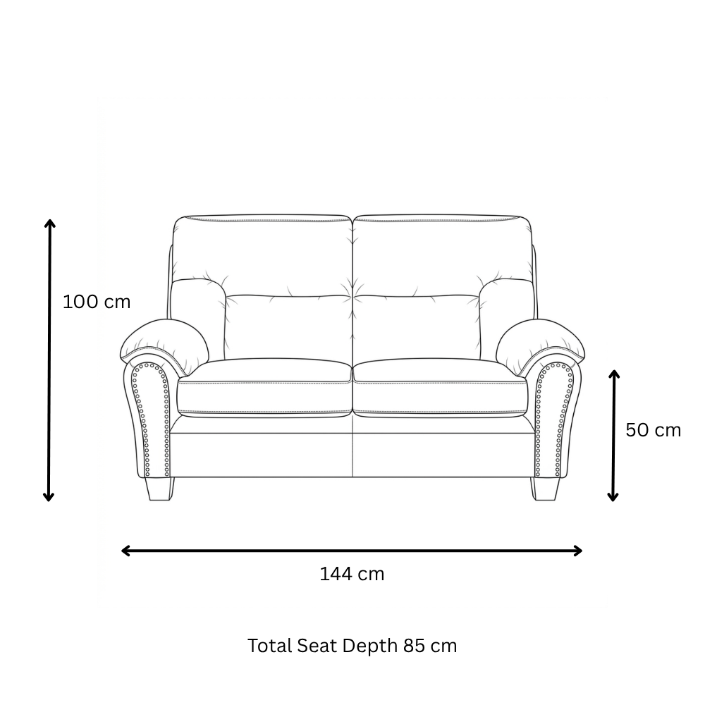 Sebastian 2 Seater PU Leather Sofa dimensions — 144 cm length, 100 cm height, 50 cm seat height, 85 cm total seat depth