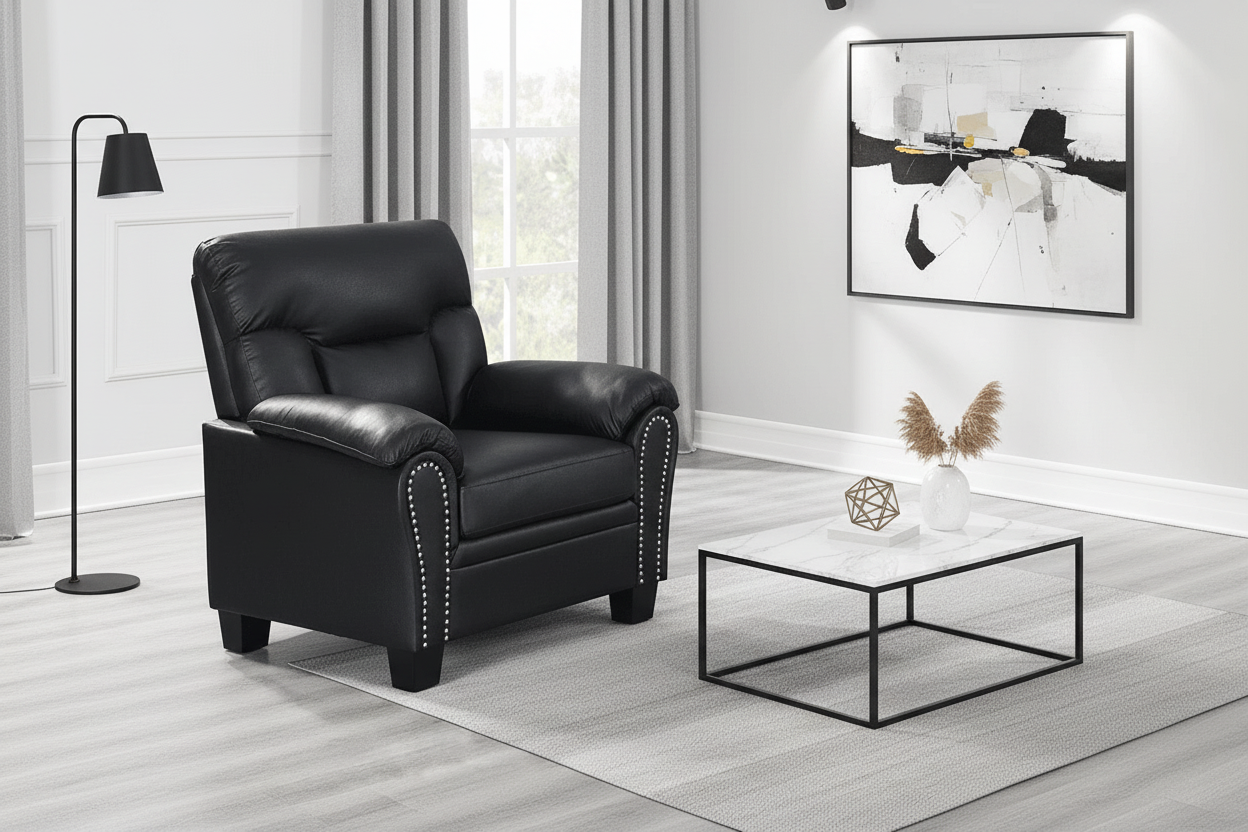 A modern black PU leather armchair with a plush backrest and broad armrests, featuring a sturdy hardwood and plywood base, positioned in a bright room with a window in the background.