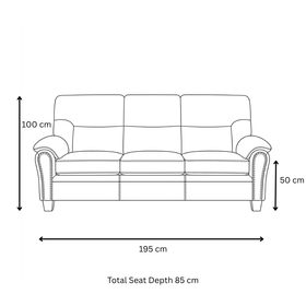 Sebastian 3 Seater PU Leather Sofa dimensions — 195 cm length, 100 cm height, 50 cm seat height, 85 cm total seat depth