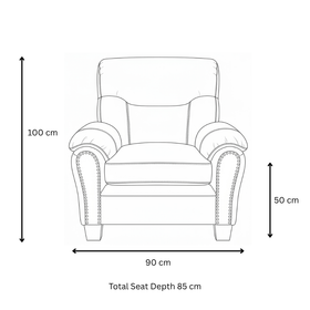 Sebastian PU Leather Arm Chair dimensions — 90 cm width, 100 cm height, 50 cm seat height, 85 cm total seat depth