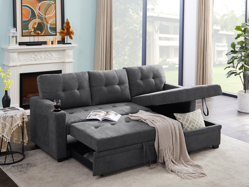 Shawn Fabric Sofa Bed with Reversible Chaise, Cupholders and Storage - The A2Z Furniture
