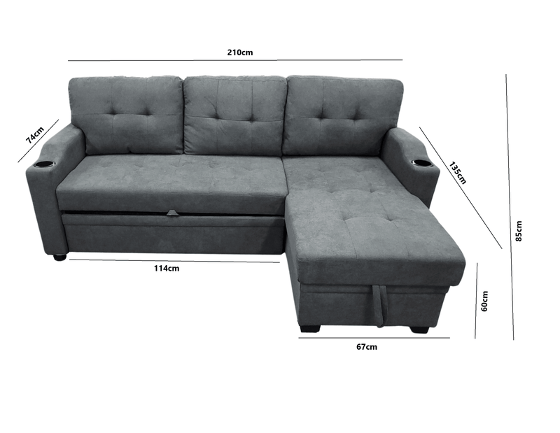 Shawn Fabric Sofa Bed with Reversible Chaise, Cupholders and Storage - The A2Z Furniture