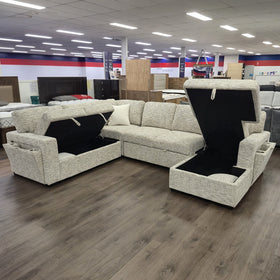 Sherwood U-Shaped Sofa Bed in Beige with both lift-up storage compartments open, showing the storage space under each end module.