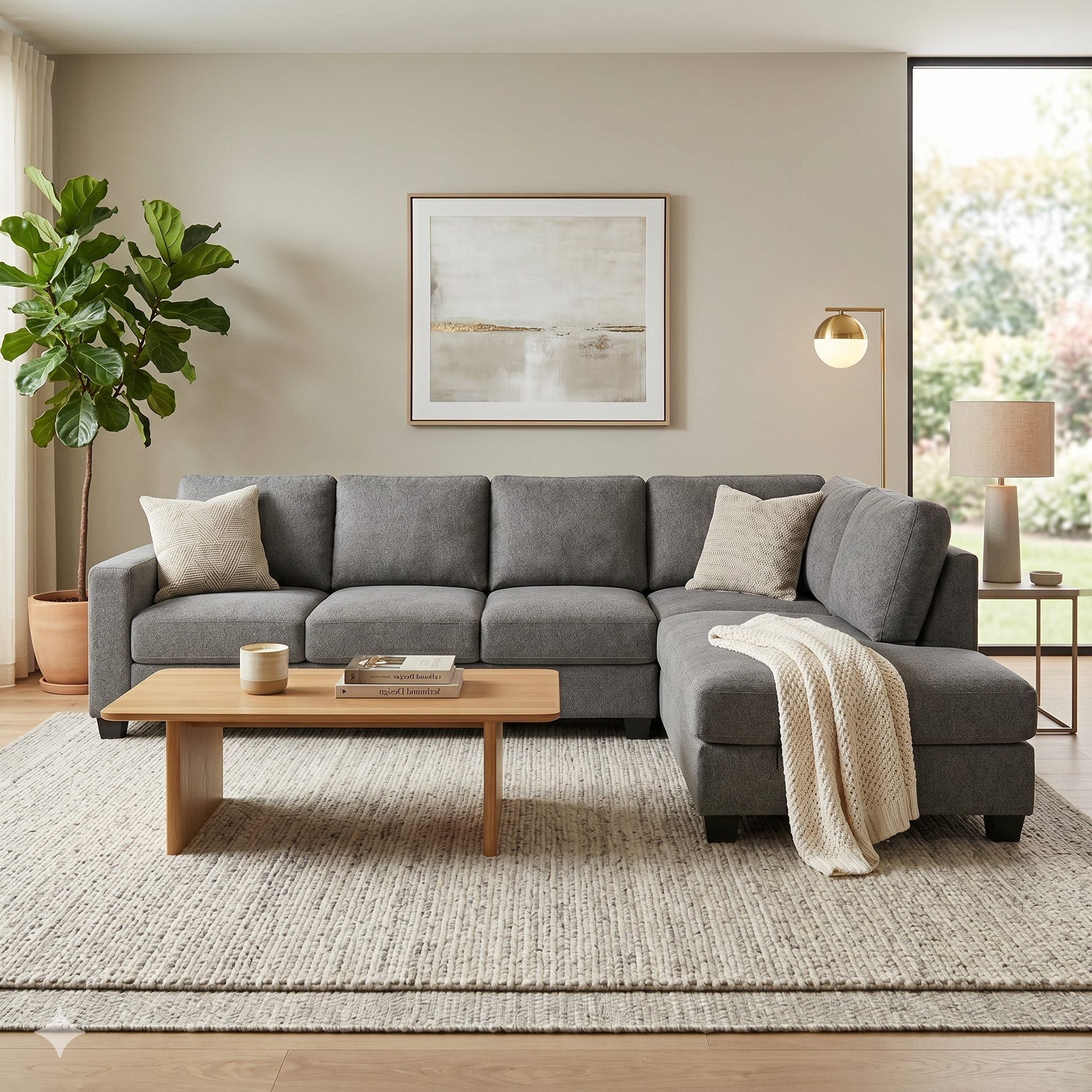 Gray corner sofa in a living room with a coffee table, lamp, and artwork on the wall.