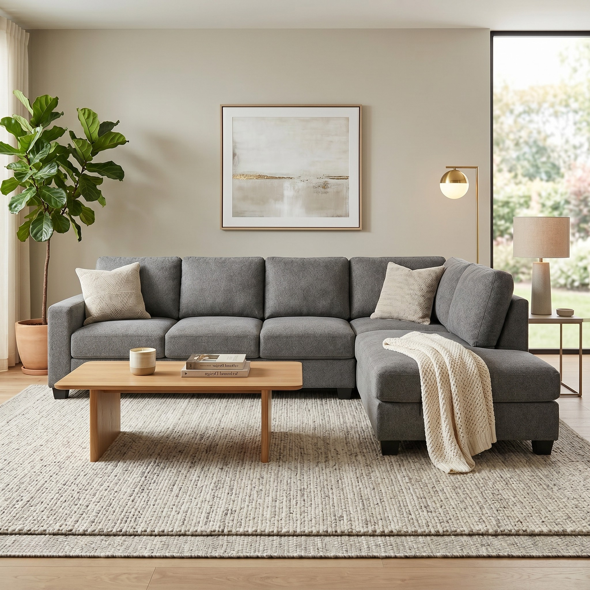 Gray sectional sofa in a living room with a coffee table, lamp, and artwork on the wall.