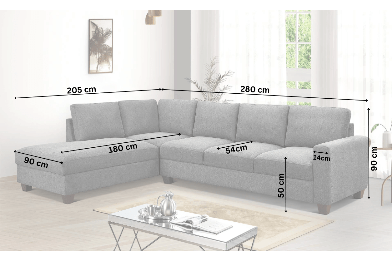 Light grey L-shaped corner sofa with labelled dimensions in a modern living room