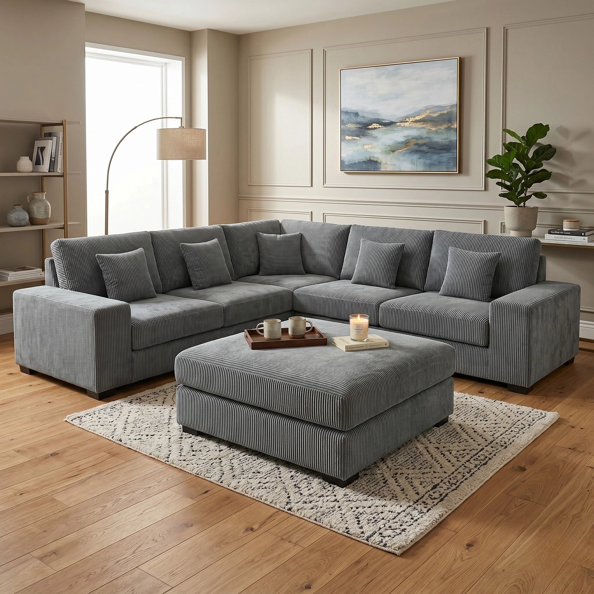 Skipper II Modular Corner Sofa with matching grey corduroy ottoman, an L-shaped lounge set with deep cushions and scatter pillows in a styled living room - The A2Z Furniture