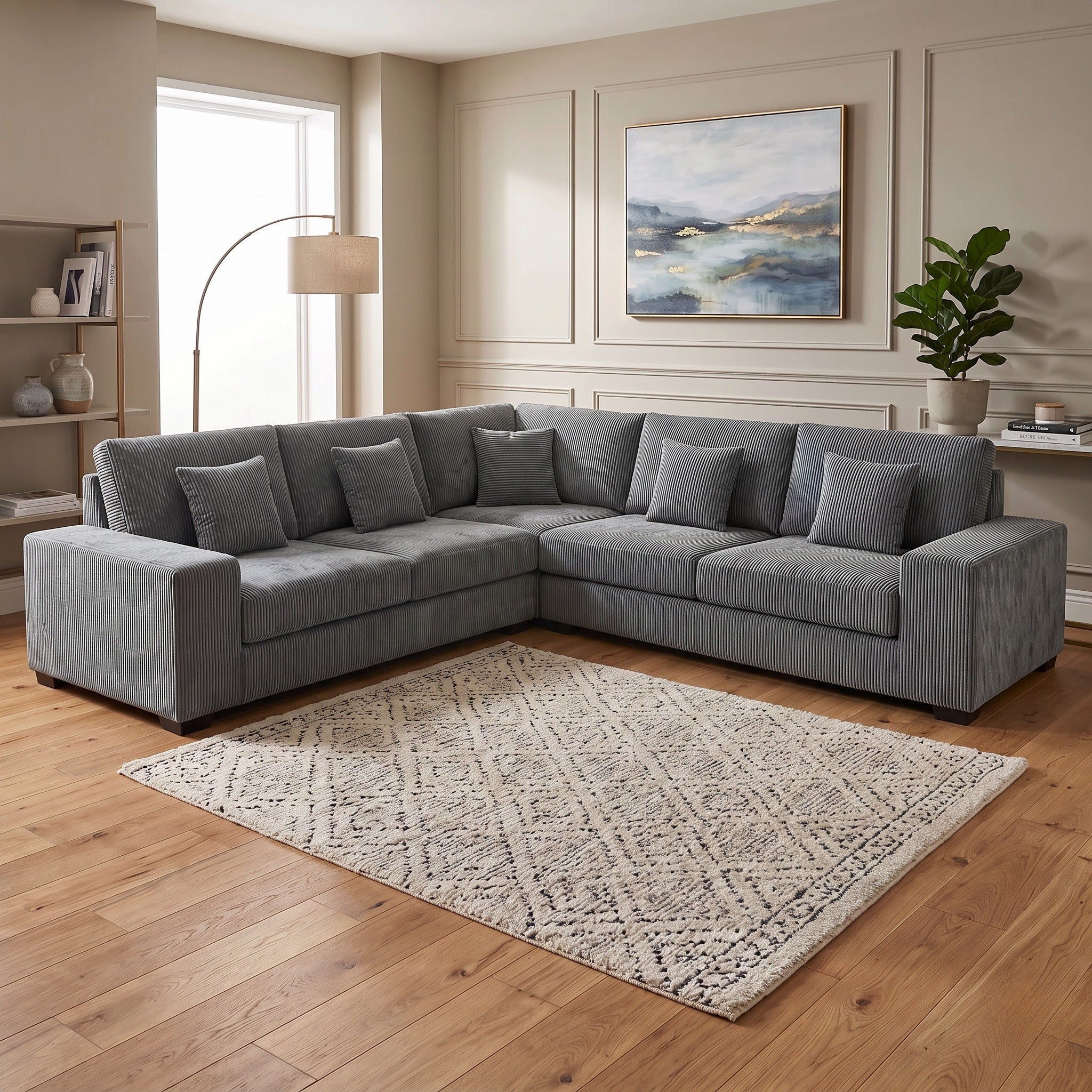 Skipper II Modular Corner Sofa in grey corduroy ribbed fabric, an L-shaped modular lounge with deep cushions and scatter pillows in a styled living room - The A2Z Furniture