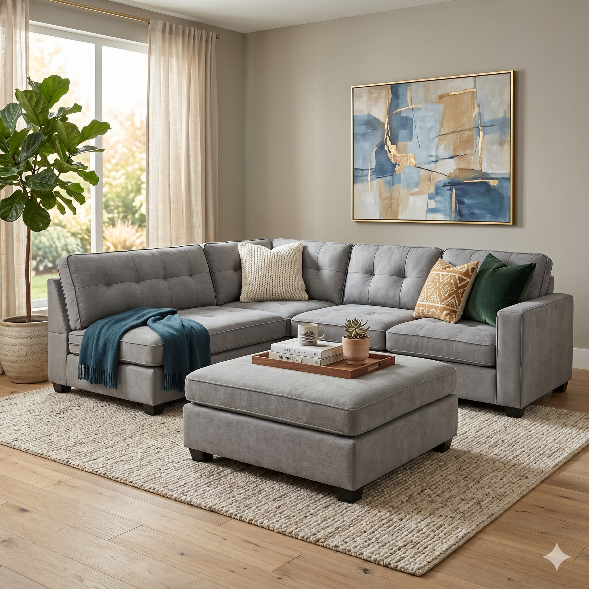 A grey tufted sectional sofa and matching square ottoman centered in a bright, modern living room. The sofa is styled with colorful throw pillows and a teal blanket, sitting on a textured beige area rug.
