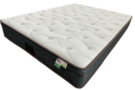 Mattress with a visible brand label on a white background
