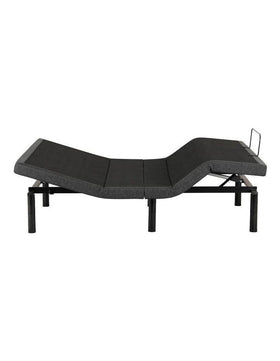 Adjustable bed base in a reclined position with dark fabric upholstery and metal frame