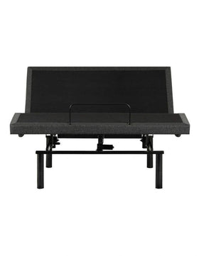 Adjustable bed base in black and grey with raised head section and metal frame, front view