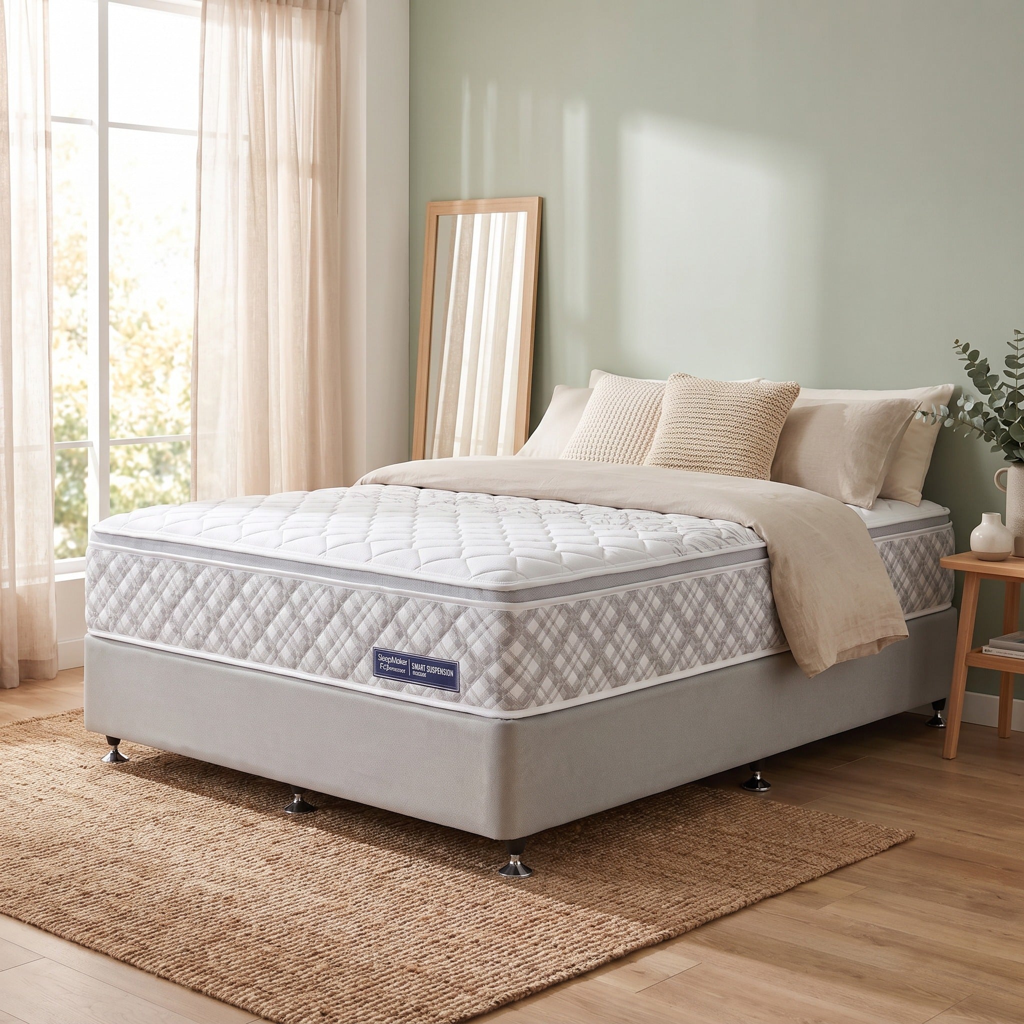 SleepMaker Performance Medium mattress styled in a sage green bedroom - The A2Z Furniture
