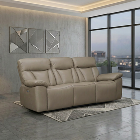 Limestone 3 Seater Electric Leather Recliner Lounge in Tan leather, styled in a bright living room