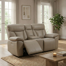 Limestone 2 Seater Electric Leather Recliner Lounge in Tan leather with centre console and cupholders, styled in a bright living room