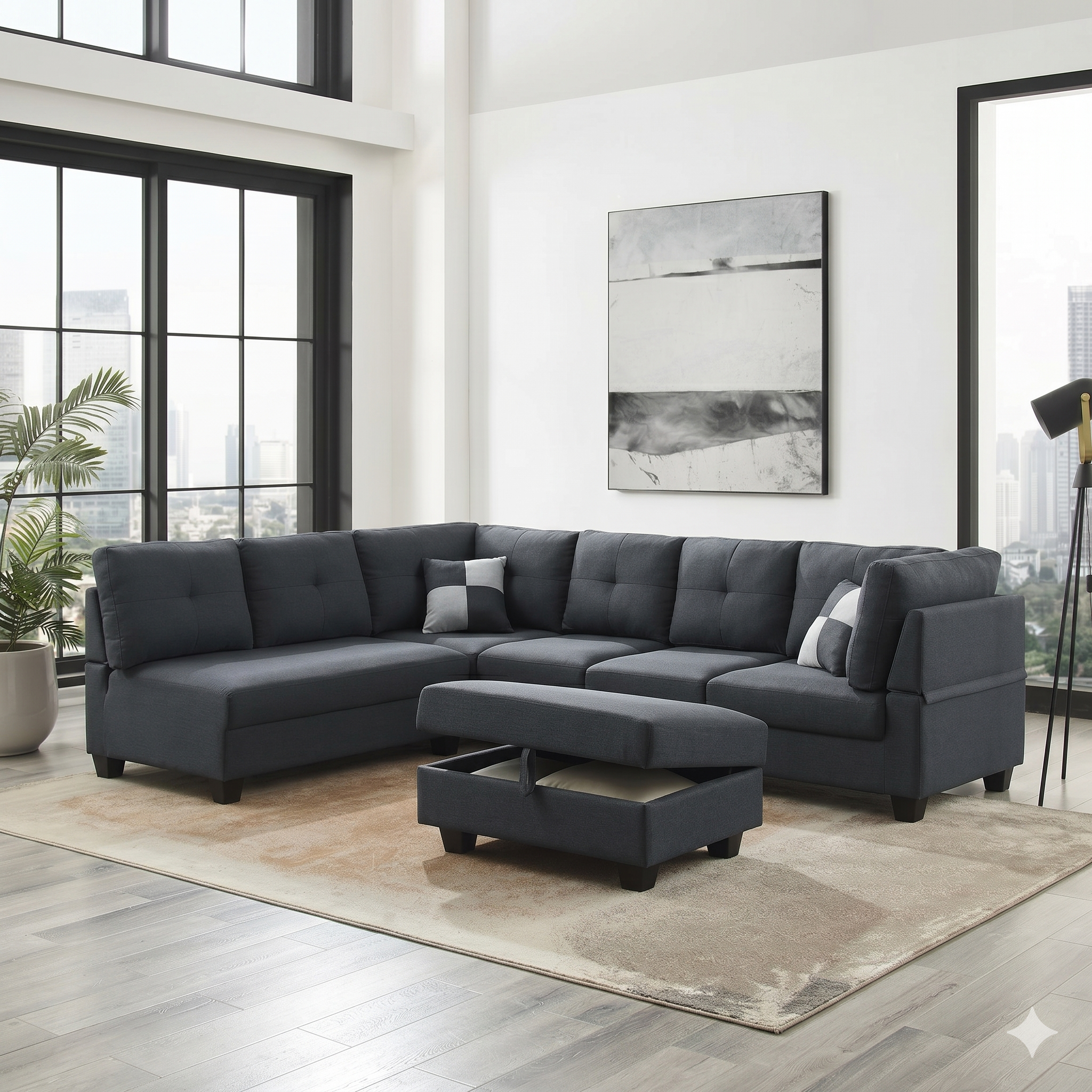 Spencer II Grey fabric corner sofa in a modern living room.