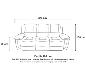 Stanhill 3 seater recliner dimension diagram: 220 cm long, 100 cm deep, 50 cm seat height, 100 cm overall height