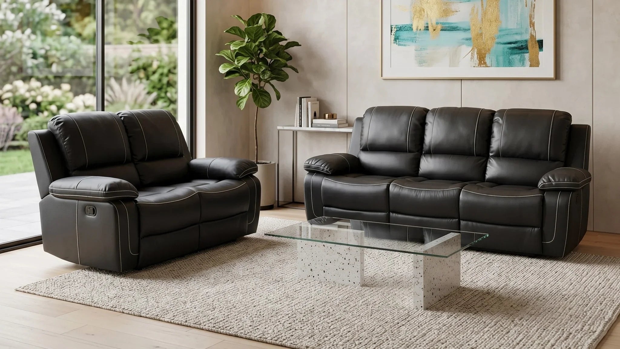 Modern living room with black leather sofas, a glass coffee table, and abstract art on the wall.