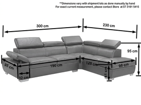 Stella corner chaise sofa dimension diagram — 300 cm length, 230 cm chaise-side depth, 190 cm main seat, 125 cm chaise seat, 98 cm chaise width, 95 cm height, 95 cm sofa-side depth, 41 cm seat, 32 cm base