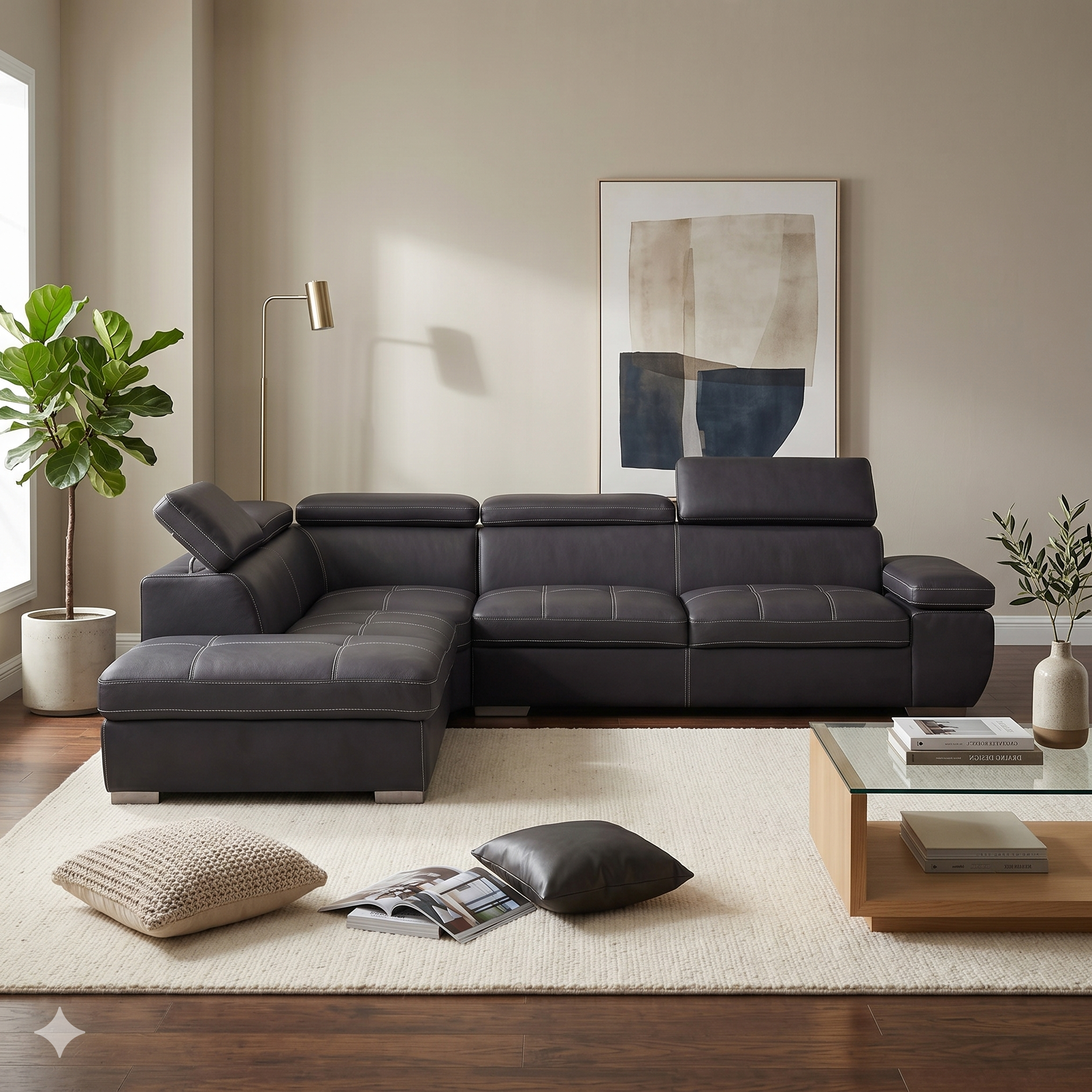 Modern living room with a black leather sectional sofa, coffee table, and decorative items.