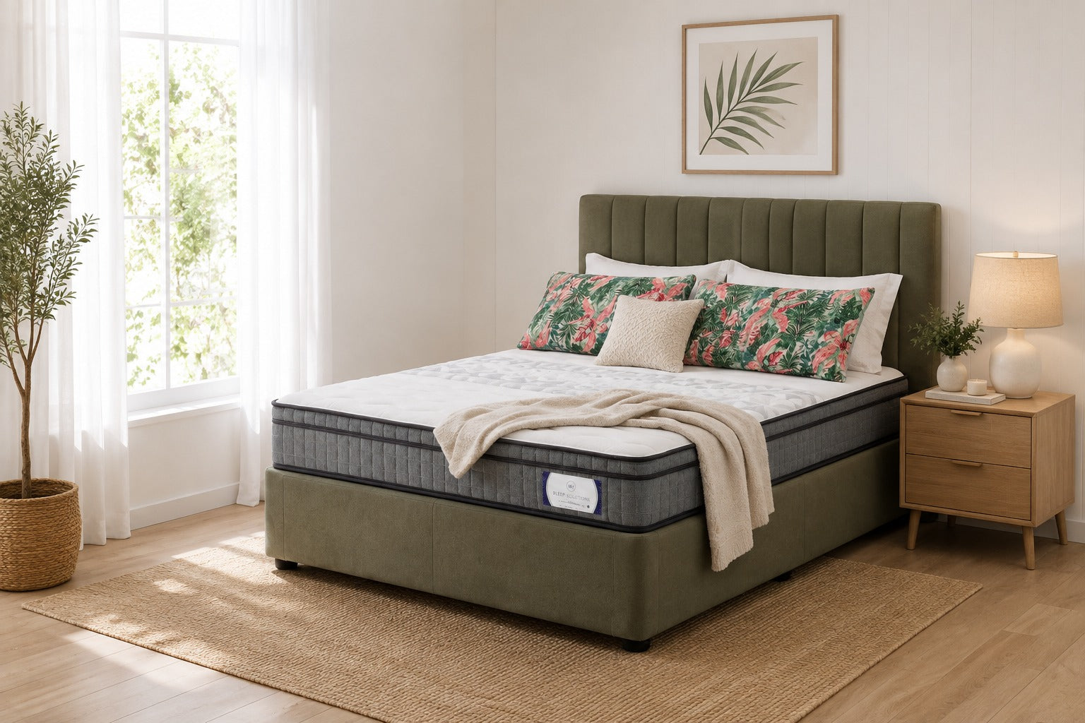 Sleep Revolution Studio Ortho Super Firm mattress on a bed base in a styled bedroom