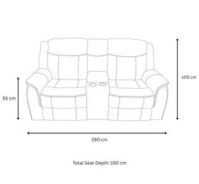 Sunshine 2 Seater Air Leather Recliner Lounge dimension diagram - 190cm width, 100cm depth, 100cm height, 55cm seat height