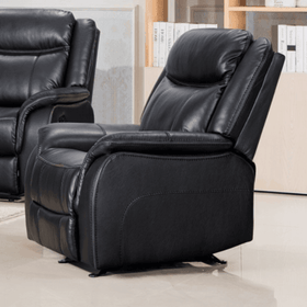 Black electric recliner chair in modern living room setting, leather upholstery, padded arms