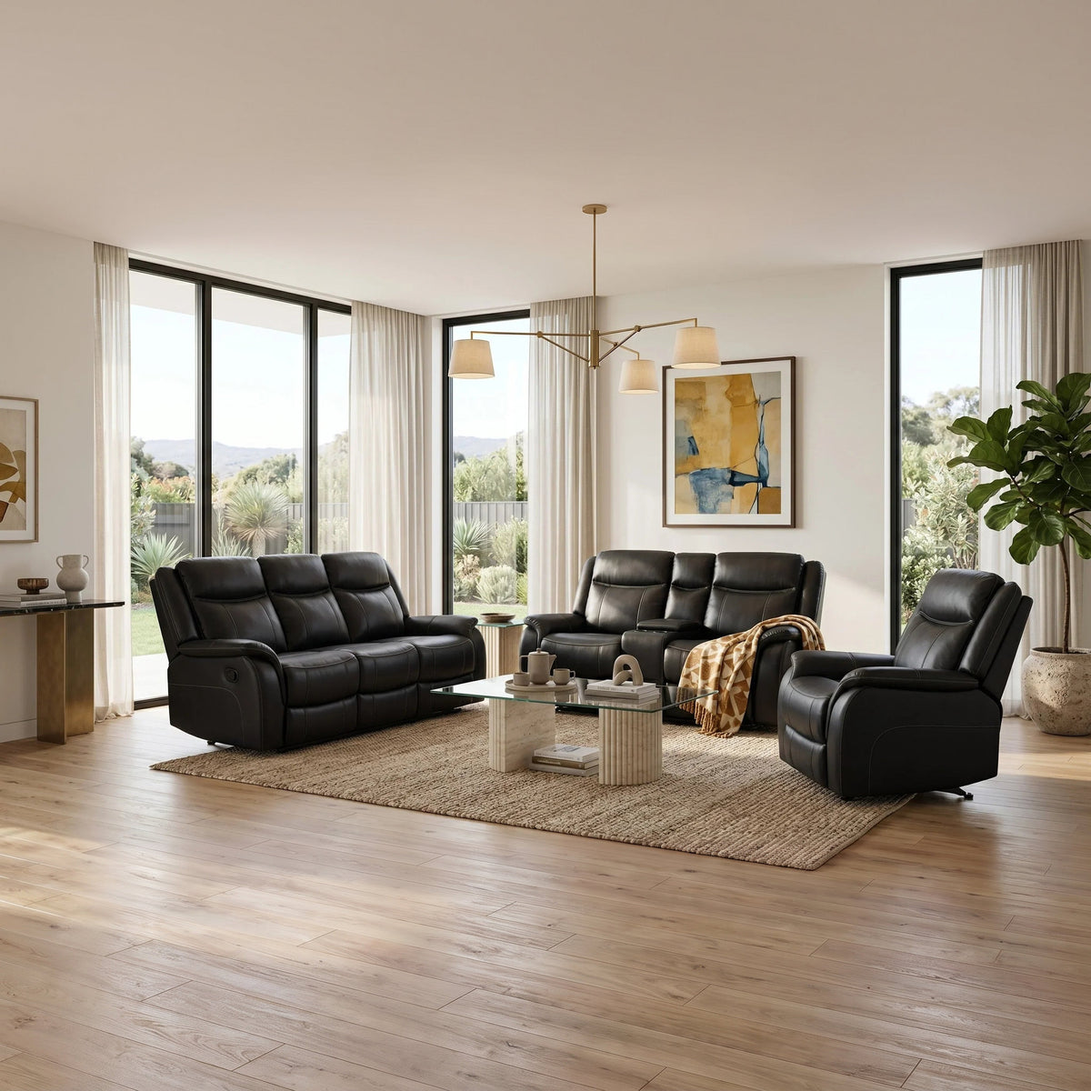 Sunshine Manual 3+2+1 Black Recliner Package