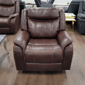Sunshine brown air leather two-seater recliner loveseat with centre console and cup holders, displayed in showroom