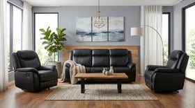 Sunshine black air leather manual recliner package with three-seater sofa and two matching armchairs, cup holders and fold-down console in a modern living room - The A2Z Furniture
