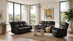 Sunshine black air leather recliner package with three-seater, two-seater and armchair, cup holders and fold-down console in a bright modern living room - The A2Z Furniture
