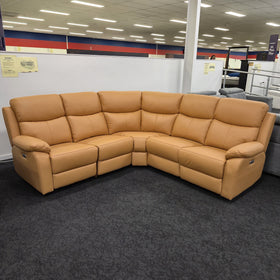 Sussex Leather Corner Lounge with Recliners in tan on display in The A2Z Furniture showroom, all seats upright, showing the corner layout and both recliner end seats